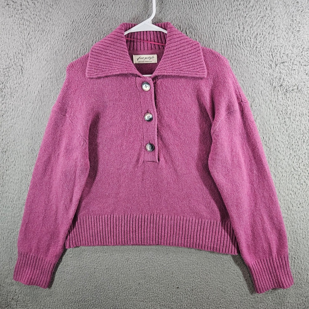 Free People Magenta Pink Henley Pullover Ribbed Collar Sweater Womens Small NEW